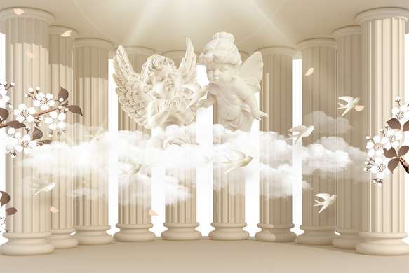 3D Wallpaper - Lovely angels on the background of classical columns
