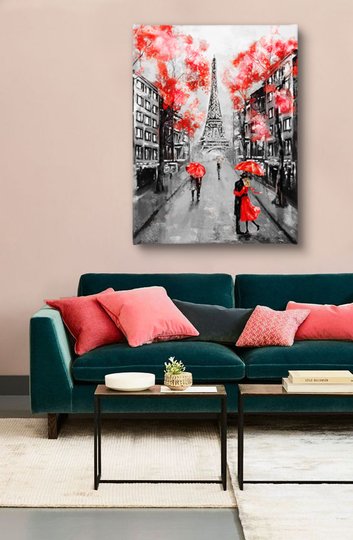 Постер, Красные элементы в черно белом Париже, 30 x 45 см, Холст на подрамнике