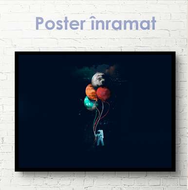 Poster - Astronaut cu baloane în spațiul negru, 60 x 30 см, Panza pe cadru