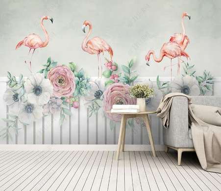 Фотообои - Фламинго с цветами