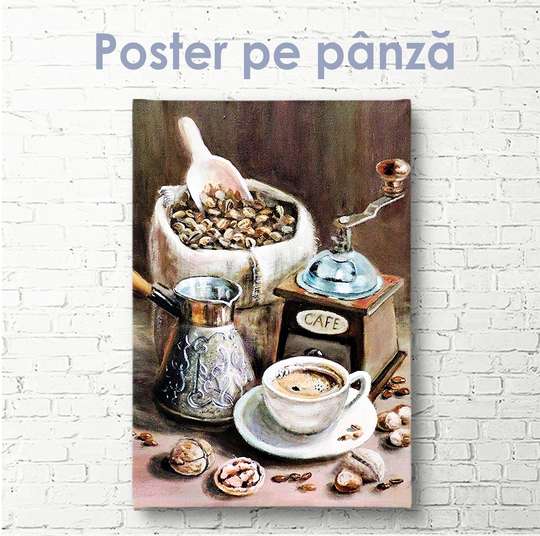 Poster - Coffee set in vintage style, 30 x 45 см, Canvas on frame, Food and Drinks
