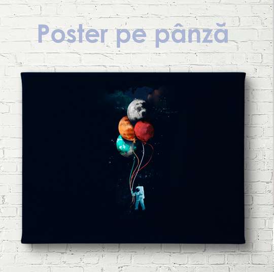 Постер - Космонавт с шариками в черном пространстве, 60 x 30 см, Холст на подрамнике, Минимализм