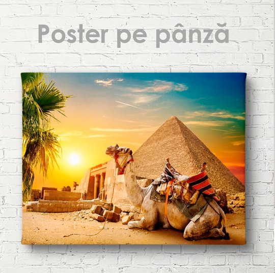 Постер, Египет- Пирамида- Верблюд и закат, 45 x 30 см, Холст на подрамнике