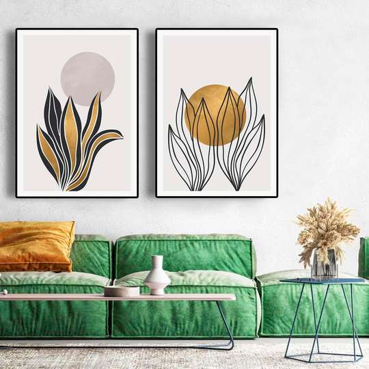 Poster - Plants and golden elements, 60 x 90 см, Framed poster on glass, Sets