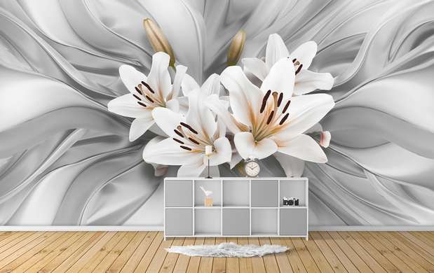 3D Wallpaper - White lilies on a three-dimensional gray background