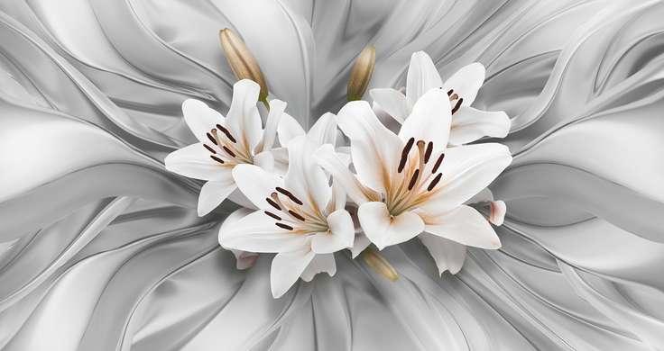 3D Wallpaper - White lilies on a three-dimensional gray background