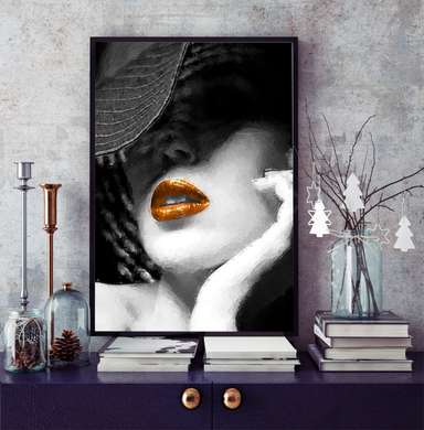 Poster - Doamnă într-o pălărie cu buze strălucitoare, 30 x 45 см, Panza pe cadru