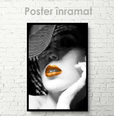 Poster - Doamnă într-o pălărie cu buze strălucitoare, 30 x 45 см, Panza pe cadru