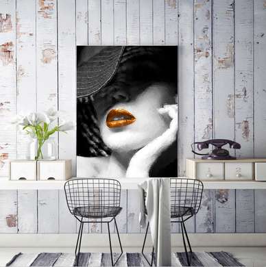 Poster - Lady in a hat with bright lips, 30 x 45 см, Canvas on frame