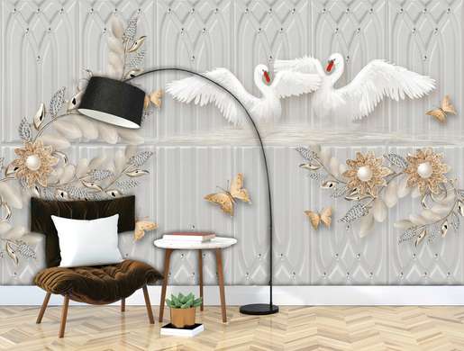 Фотообои - Белые лебеди, золотые броши в форме цветов и бабочек на сером фоне