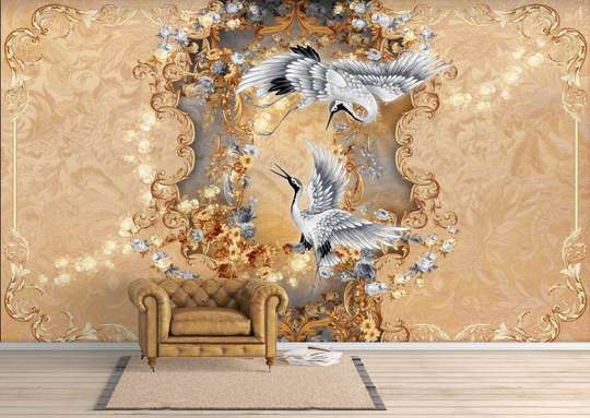 Wall Mural - Storks on a golden background