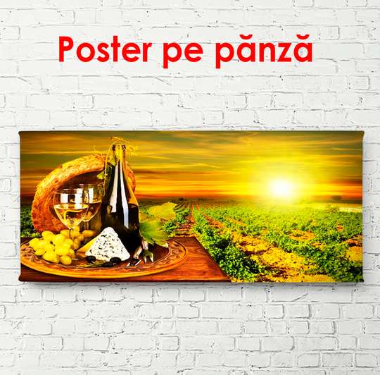 Poster - Wine with cheese on a barrel against the backdrop of sunset, 90 x 45 см, Framed poster, Food and Drinks