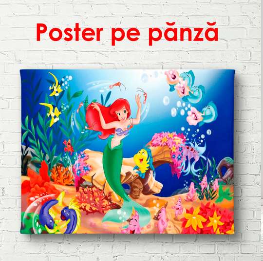 Poster - Mermaid with fish at the bottom of the ocean, 90 x 60 см, Framed poster, For Kids