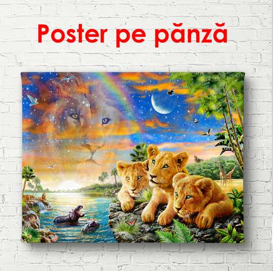 Poster - Lion cubs in the animal world, 45 x 30 см, Canvas on frame, For Kids