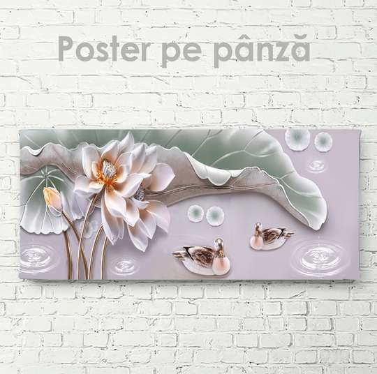 Постер - Нежный цветок и утки, 60 x 30 см, Холст на подрамнике, Цветы