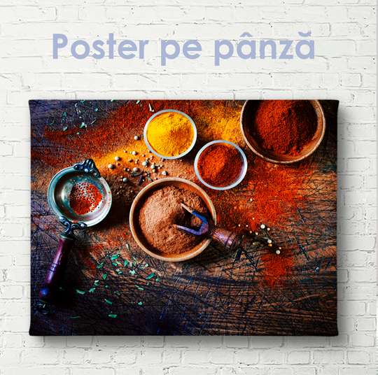 Poster - fragrant spices and wooden table, 45 x 30 см, Canvas on frame, Food and Drinks