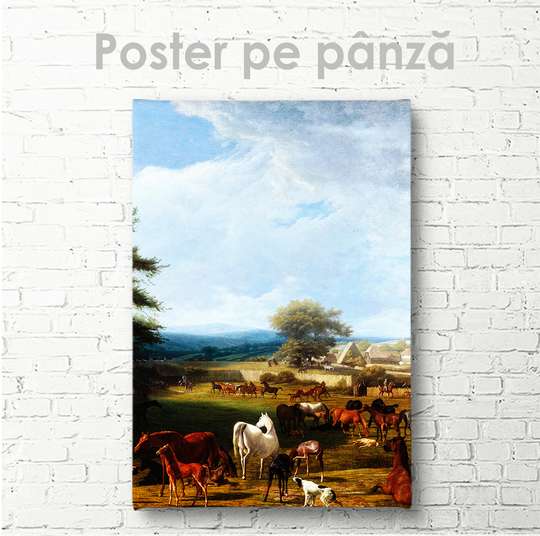 Постер - Лошади на пастбище, 30 x 45 см, Холст на подрамнике, Живопись