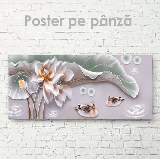 Постер, Нежный цветок и утки, 60 x 30 см, Холст на подрамнике