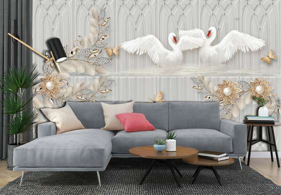 Фотообои - Белые лебеди, золотые броши в форме цветов и бабочек на сером фоне