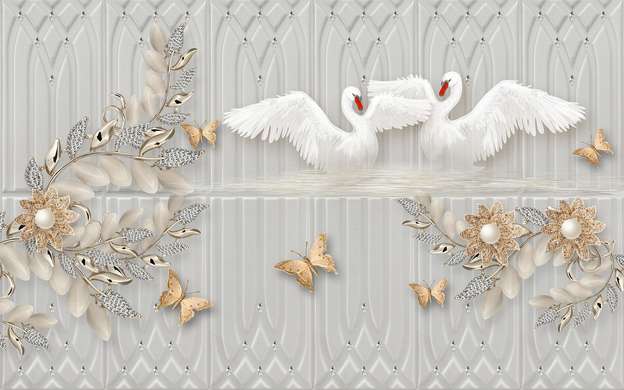 Wall Mural - White swans, golden brooches in the form of flowers and butterflies on a gray background