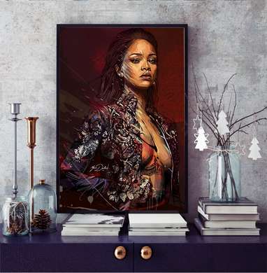 Poster - Portretul cântăreței Rihanna, 60 x 90 см, Poster înrămat
