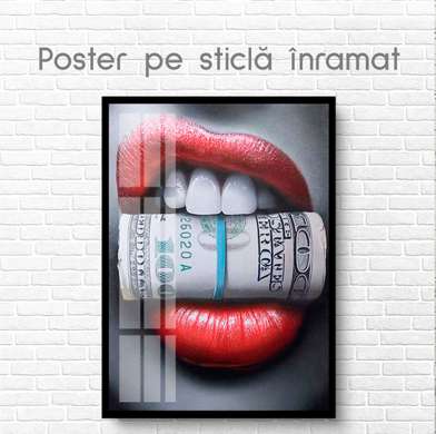 Poster - Red lips and dollars, 30 x 45 см, Canvas on frame