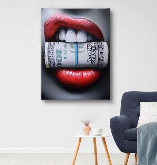 Постер - Красные губы и доллары, 30 x 45 см, Холст на подрамнике, Гламур