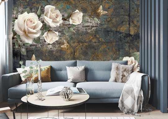 Wall Mural - Beige roses on a dark background