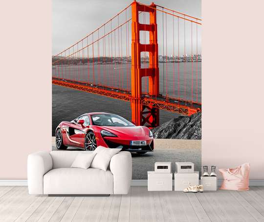 Wall Mural - Red bridge with a car
