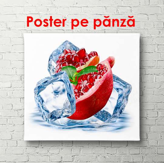 Poster - Red pomegranate with ice cubes on a white background, 100 x 100 см, Framed poster, Food and Drinks