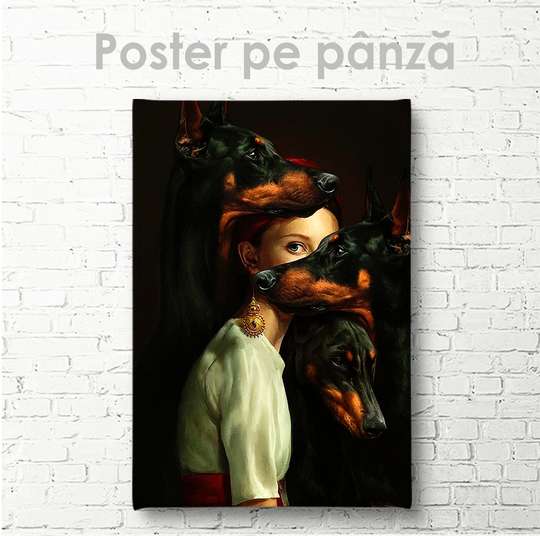 Постер - Девушка с собаками, 30 x 60 см, Холст на подрамнике, Гламур