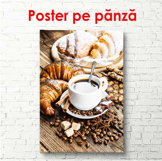 Постер - Завтрак с кофе и круассаном, 30 x 45 см, Холст на подрамнике, Еда и Напитки