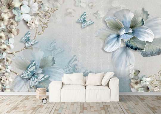 Фотообои - Голубые бабочки и белые цветы