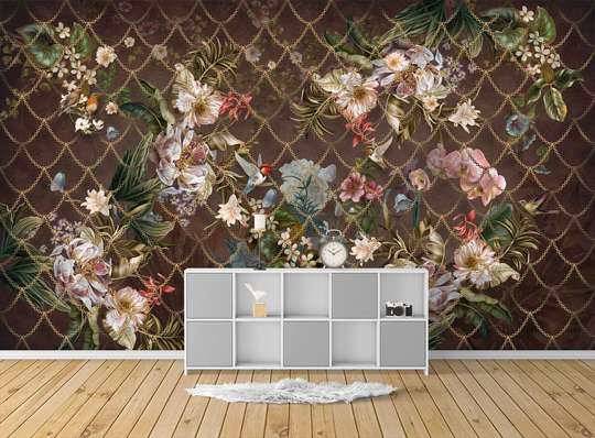 Wall Mural - Glamorous pink flowers on a burgundy background