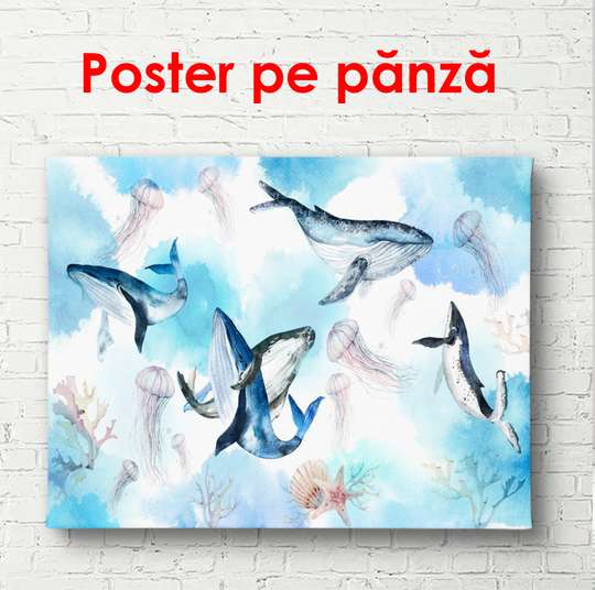 Poster - Whales in the water, 45 x 30 см, Canvas on frame, Fantasy