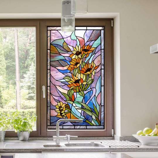 Autocolant pentru Ferestre, Vitraliu decorativ geometric cu floarea soarelui, 60 x 90cm, Transparent, Autocolant Vitraliu