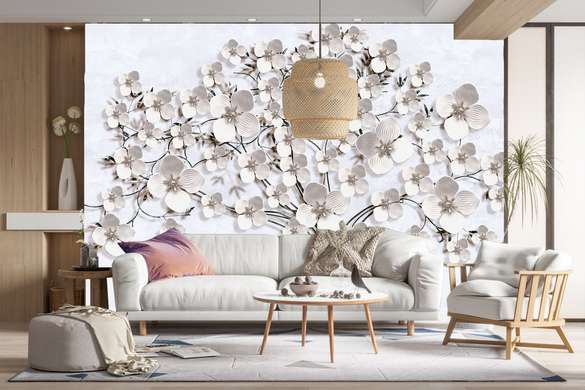 Wall Mural - 3D effect tree with white flowers