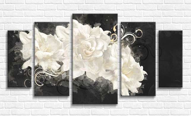 Tablou Pe Panza Multicanvas, Flori albe pe un fundal întunecat, 108 х 60