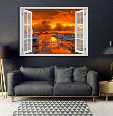 Stickere pentru pereți - Fereastra cu vedere spre un port la apus de soare, 130 х 85