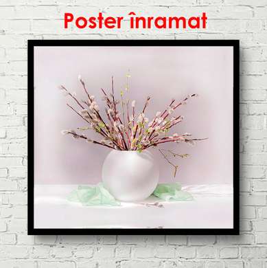 Poster - Vază albă cu crenguțe, 100 x 100 см, Poster înrămat