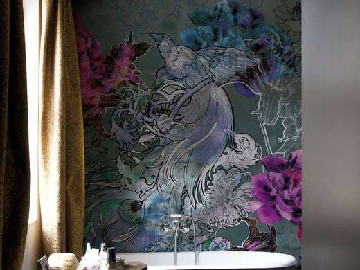 Wall Mural - Colorful peacock with colorful flowers on a dark background
