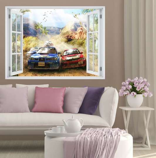 Наклейка на стену - 3D-окно с видом на автогонке, Имитация окна, 130 х 85