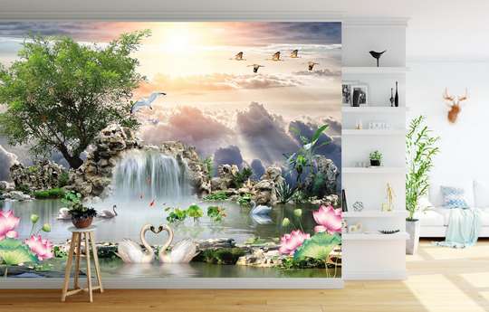 Wall Mural - Swans and other birds at the waterfall