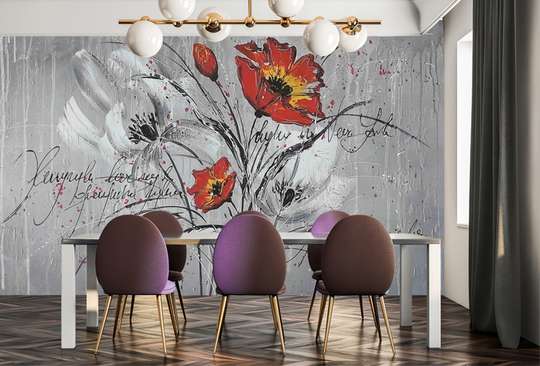 Wall Mural - Abstract poppies on a gray background