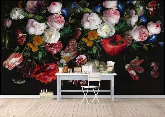 Wall Mural - Bouquet of colorful flowers on a black background