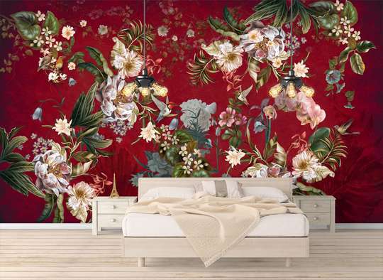 Wall Mural - Glamorous pink flowers on a red background