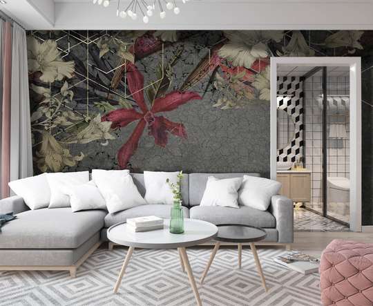 Wall Mural - Tropical flowers and golden lines on a dark background