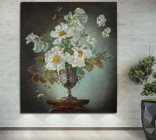 Постер - Картина "Белые цветы в вазе", 30 x 45 см, Холст на подрамнике, Живопись
