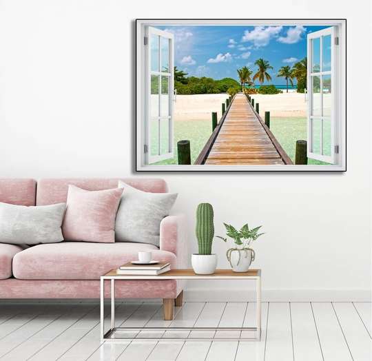 Stickere pentru pereți - Fereastra cu vedere spre o plajă cu palmieri în razele soarelui, 130 х 85