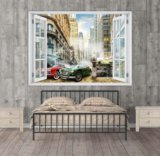 Наклейка на стену - Окно с видом на чудесные автомобили, 130 х 85